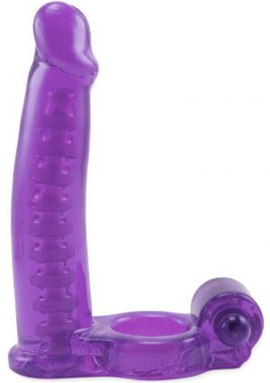 Double Penetrator Cock Ring With Bendable Dildo Purple