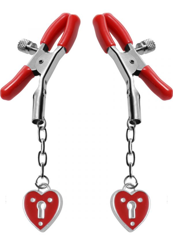 Master Series Charmed Heart Padlock Nipple Clamps Red