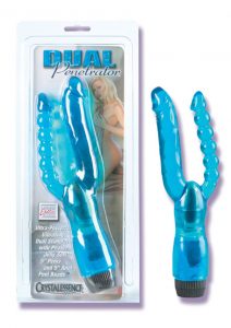 CRYSTALESSENCE DUAL PENETRATOR VIBRATOR WITH PLIABLE PENIS AND ANAL BEADS 5 INCH BLUE