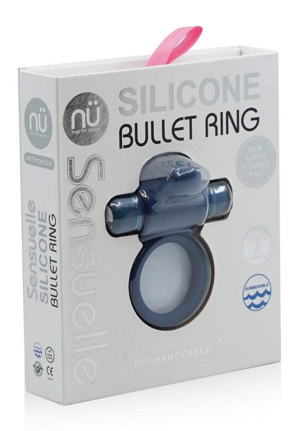 Silicone Bullet Ring With Clit Stimulator USB Rechargeable Multi Speed Navy Blue