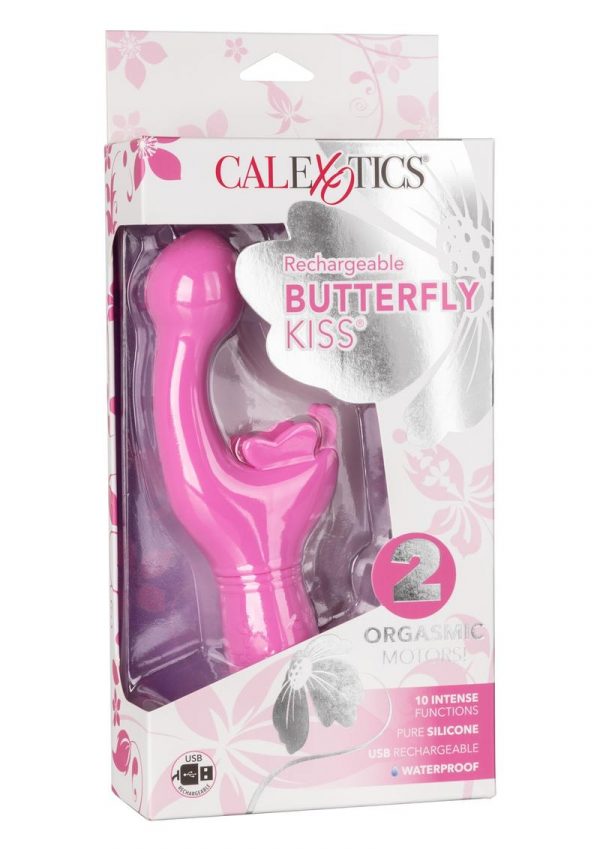 Rechargeable Butterfly Kiss USB Rechargeable Silicone Vibrator With Clitoral Stimulator Waterproof Pink 7.5 Inches