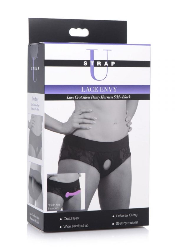 Lace Envy Black Crotchless Panty Harness - S/M - Black