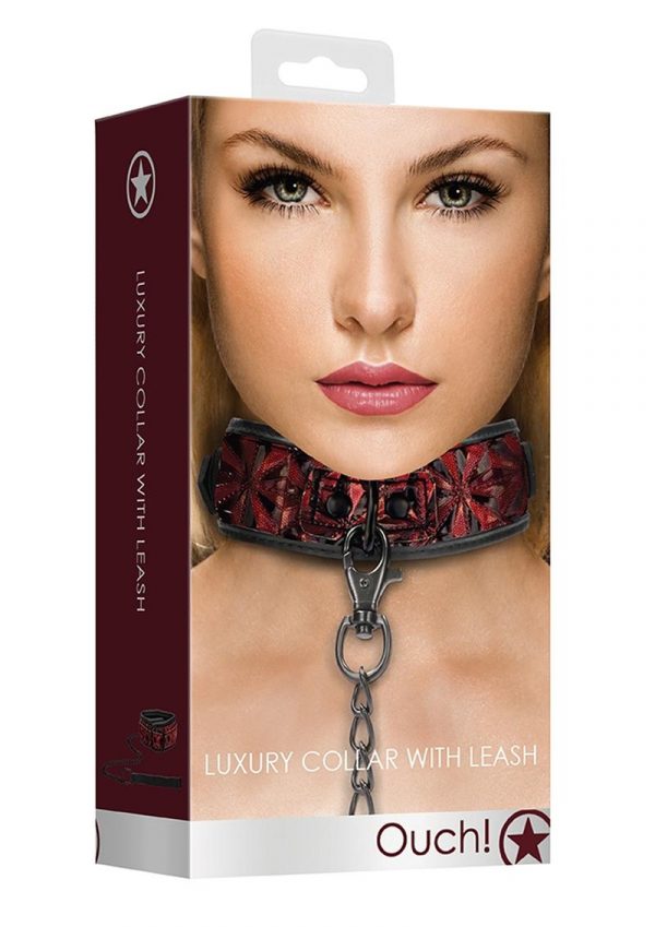 Ouch! Luxury Collar With Leash - Burgundy