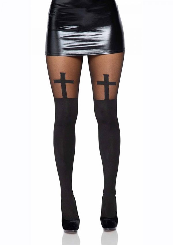 Leg Avenue Spandex Opaque Cross Pantyhose with Sheer Thigh Accent - O/S - Black