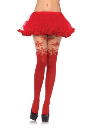 Leg Avenue Spandex Snowflake Opaque Pantyhose with Sheer Thigh Accent - O/S - Red