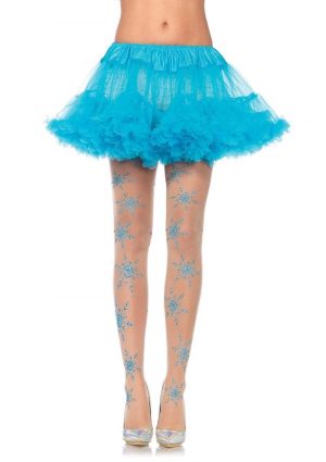 Leg Avenue Let It Snow Spandex Sheer Glitter Snowflake Pantyhose - O/S - Nude/Blue