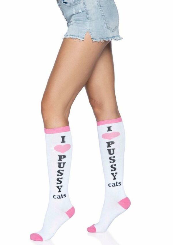 Leg Avenue Pussycat Knee Highs - O/S - White/Pink