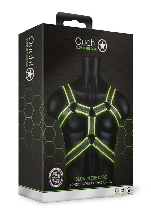 Ouch! Bonded Leather Body Harness Glow in the Dark - Large/XLarge - Green