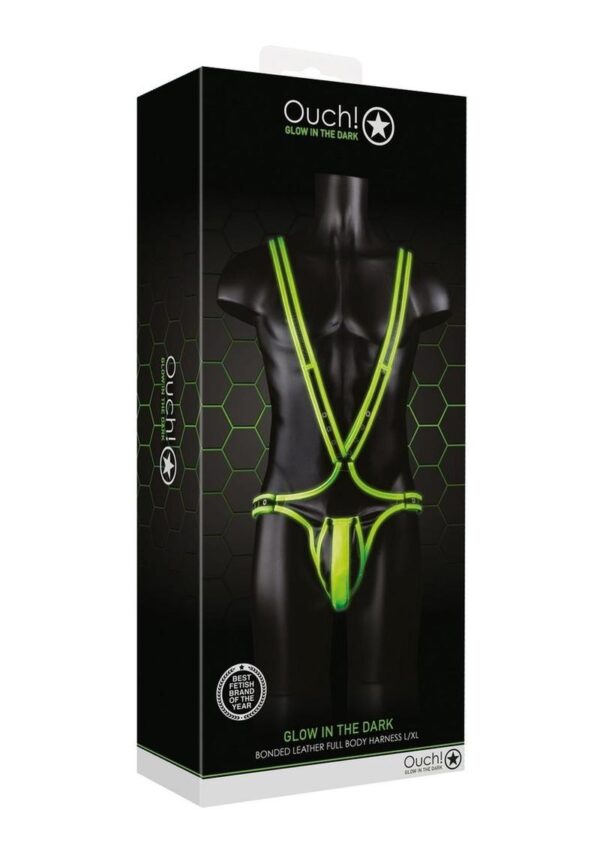 Ouch! Bonded Leather Full Body Harness Glow in the Dark - Large/XLarge - Green