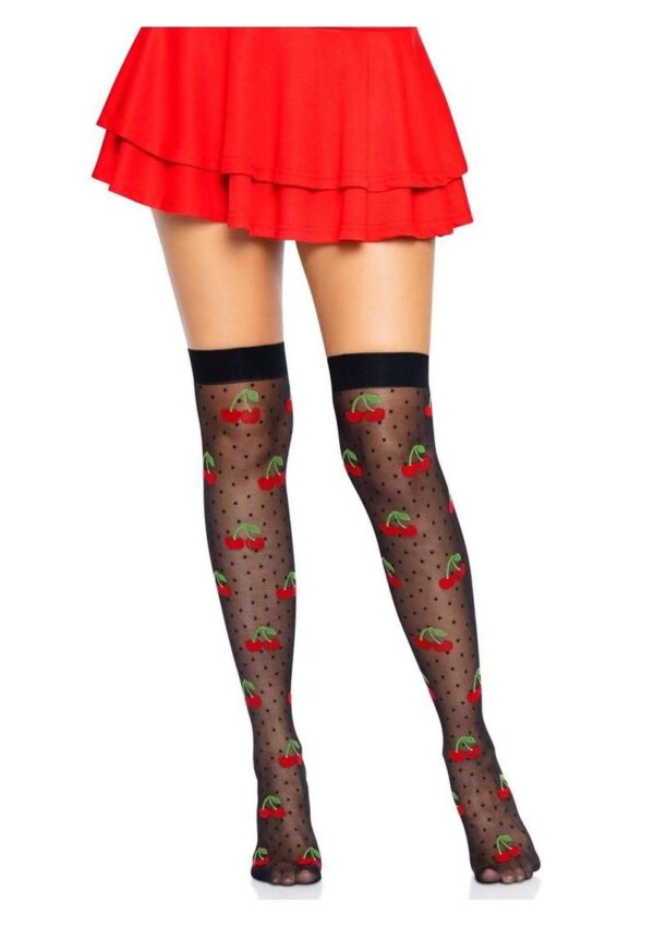 Leg Avenue Spandex Sheer Polka Dot Cherry Thigh Highs - O/S - Black/Red