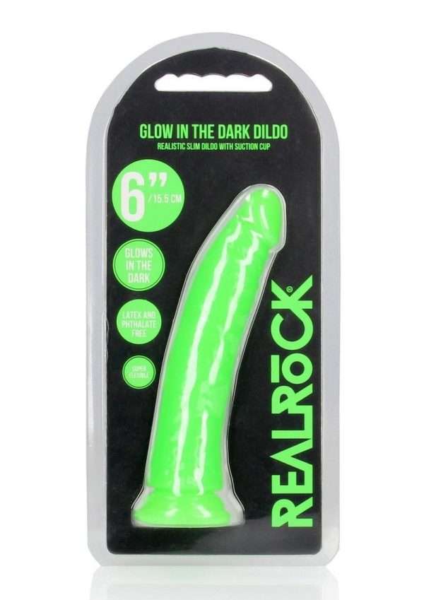 RealRock Slim Glow in the Dark Dildo with Suction Cup 6in - Green