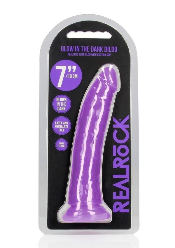 RealRock Slim Glow in the Dark Dildo with Suction Cup 7in - Purple