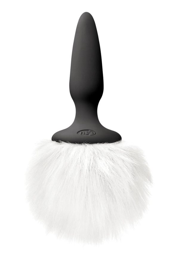 Bunny Tails Mini Silicone Butt Plug - White Fur - Black