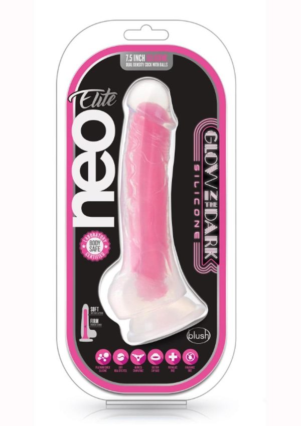 Neo Elite Glow in the Dark Dildo with Balls 7.5in - Pink