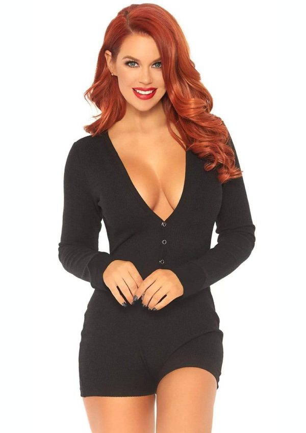 Leg Avenue Brushed Rib Romper Long Johns with Cheeky Snap Closure Back Flap - SM/MD- Black