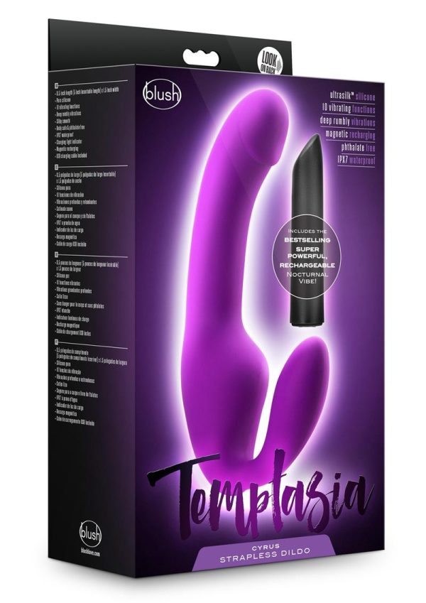 Temptasia Cyrus Strapless Silicone Vibrating Dildo with Rechargeable Bullet - Purple