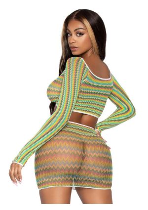 Leg Avenue Zig Zag Net Gauntlet Sleeve Crop Top and Mini Skirt (2 Piece) - O/S - Green