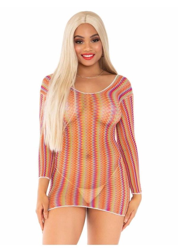 Zig Zag Rainbow Net Long Sleeve Mini Dress - O/S - Multicolor