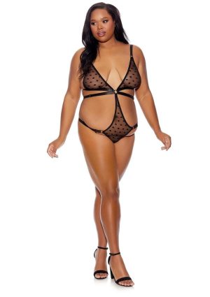 Barely Bare Strappy Bikini Teddy - Plus Size - Black