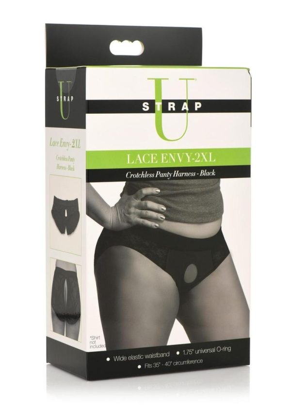 Strap U Lace Envy Black Crotchless Panty Harness - XXLarge - Black