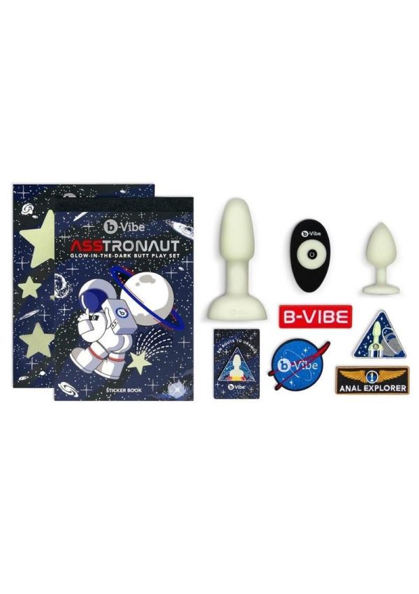 B-Vibe Asstronaut Glow in the Dark Rechargeable Silicone Anal Play Set with Remote - Frost