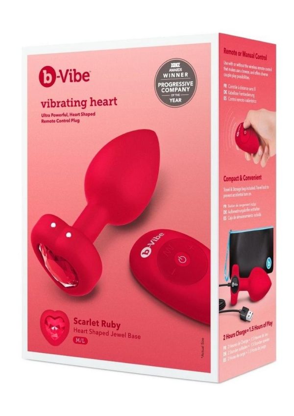 B-Vibe Vibrating Heart Shape Jewel Rechargeable Silicone Anal Plug with Remote - Medium/Large - Red