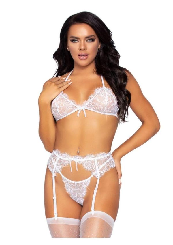 Leg Avenue Rhinestone Eyelash Lace Bra Top Garter Belt and G-String (3 pieces) - Small - White