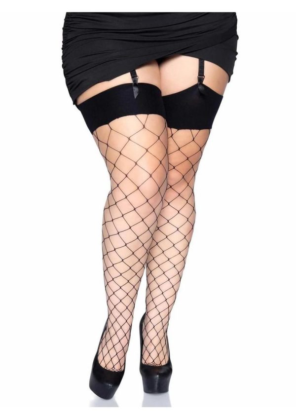 Leg Avenue Spandex Fence Net Stockings with Reinforced Toe and Comfort Wide Band Top - 1X/2X - Black