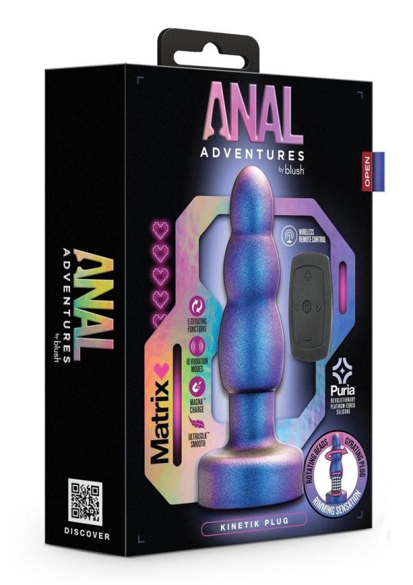 Anal Adventures Matrix Kinetic Plug Rechargeable Silicone Anal Plug with Remote- Space Age Blue