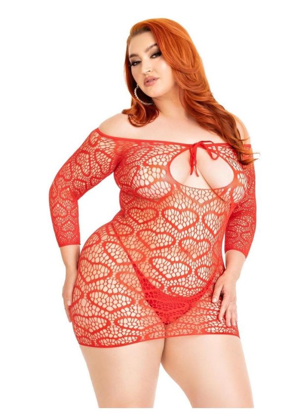 Leg Avenue Seamless Heart Net Mini Dress with Keyhole Tie Front - 1X/2X - Red