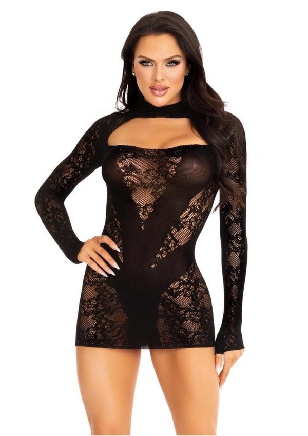 Leg Avenue Lace Keyhole Mini Dress with Opaque Panel Detailing and Gloved sleeves - O/S - Black