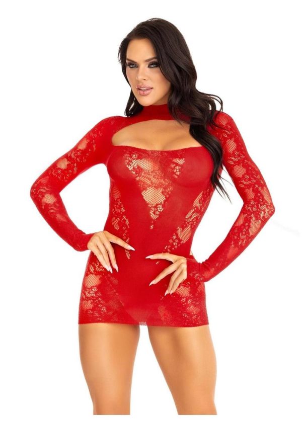 Leg Avenue Lace Keyhole Mini Dress with Opaque Panel Detailing and Gloved sleeves - O/S - Red