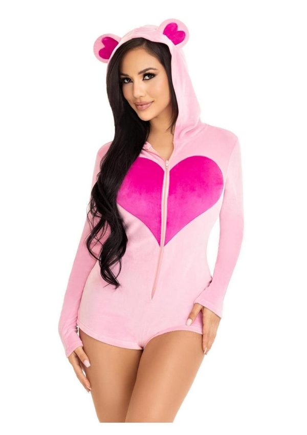 Leg Avenue Sweetheart Bear Velvet Zip Up Romper with Heart Accent - Large - Pink