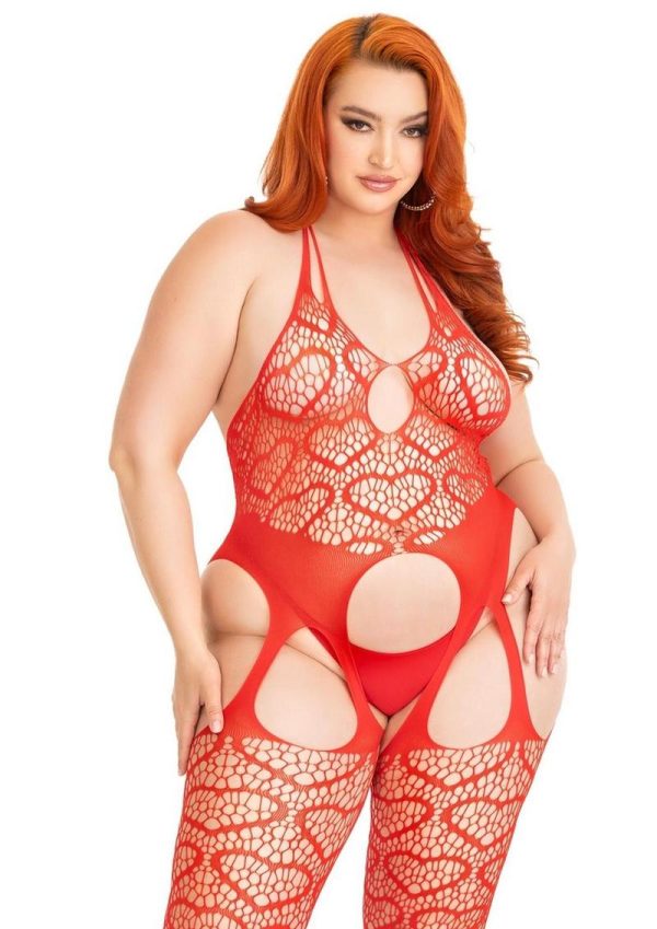 Leg Avenue Seamless Heart Net Suspender Bodystocking - 1X/2X - Red