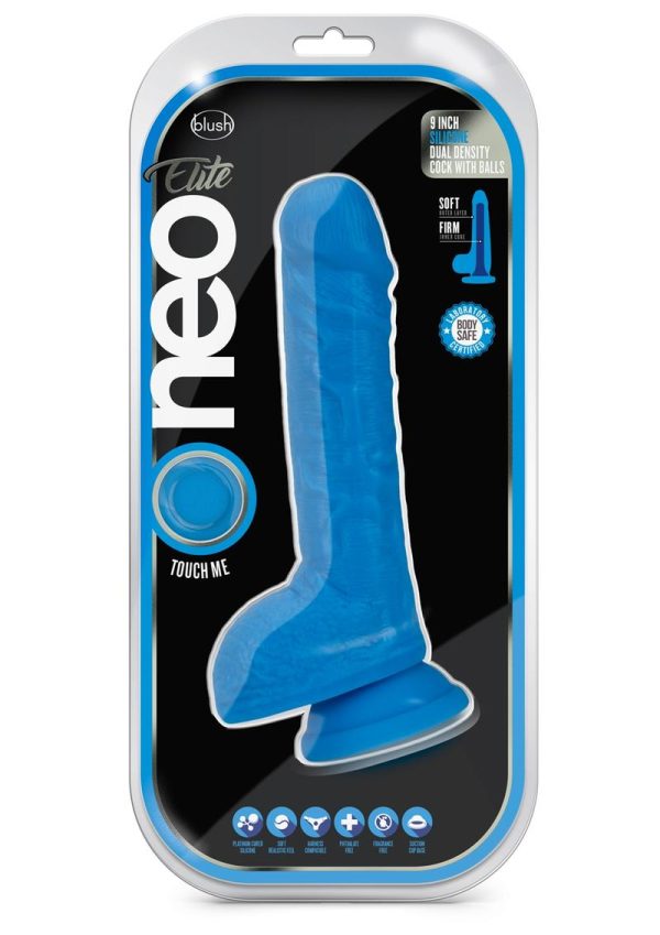 Neo Elite Silicone Dual Density Dildo with Balls 9in - Blue