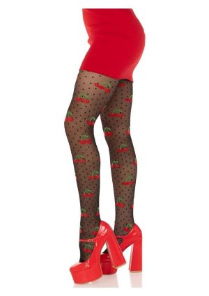 Leg Avenue Spandex Sheer Polka Dot Cherry Tights - O/S - Black