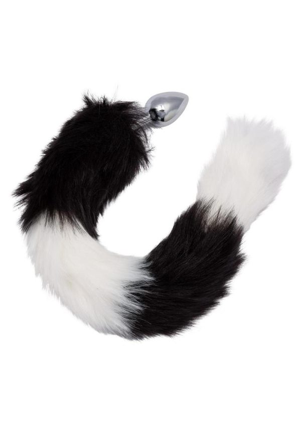 Running Wild Black and White Tail Faux Fur Tail and Metallic Anal Plug - Black/White