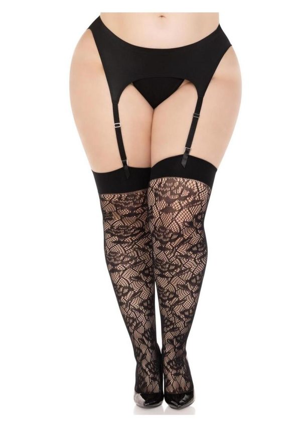 Leg Avenue Wild Rose Net Thigh Highs - 1X-2X - Black