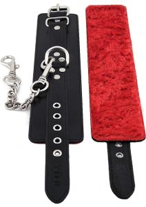 Rouge Leather Wrist Cuffs with Faux Fur Lining - Black And Red