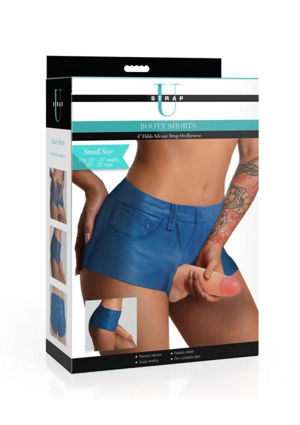 Strap U Booty Shorts Strap On Harness with Dildo 6in - Blue/Vanilla - Small