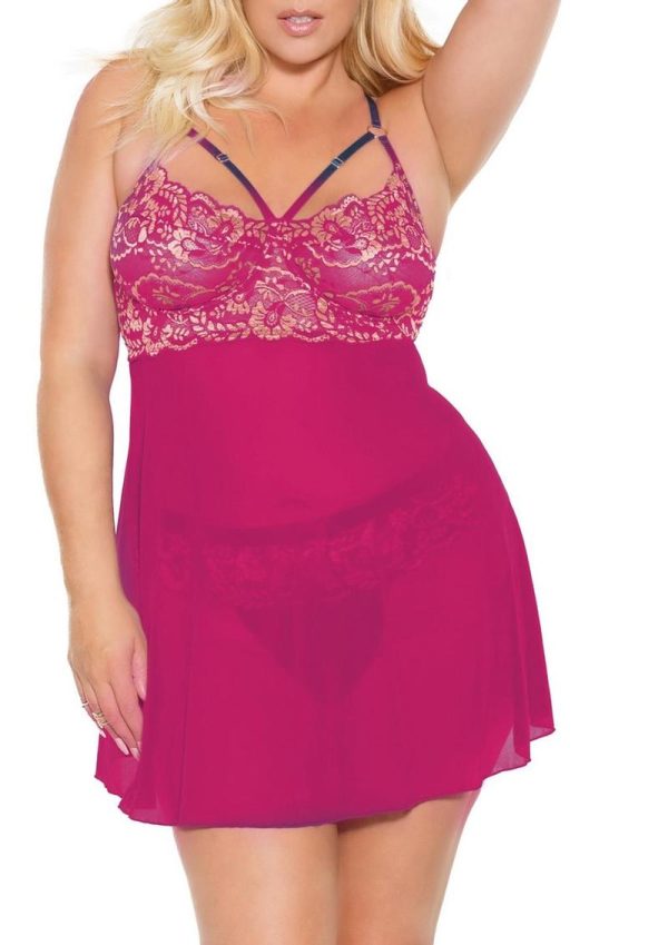 Pink Pussycat Babydoll and Thong - 1XLarge/ 2XLarge - Pink/Rose Gold