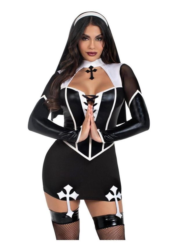 Leg Avenue Holy Hottie Set Boned Garter Dress with Cross Accents and Nun Habit (2 Piece) - XSmall - Black/White