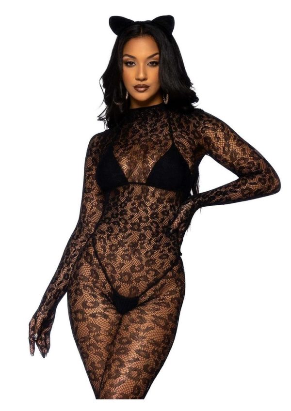 Leg Avenue Seamless Leopard Net Gloved Catsuit - O/S - Black