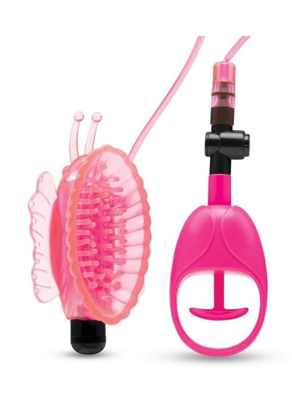 Lux Fetish Vibrating Butterfly Pussy Pump with Quick Release - Pink/Black