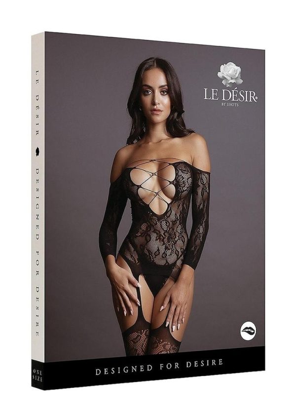 Le Desir Criss Cross Neck Bodystocking - O/S - Black