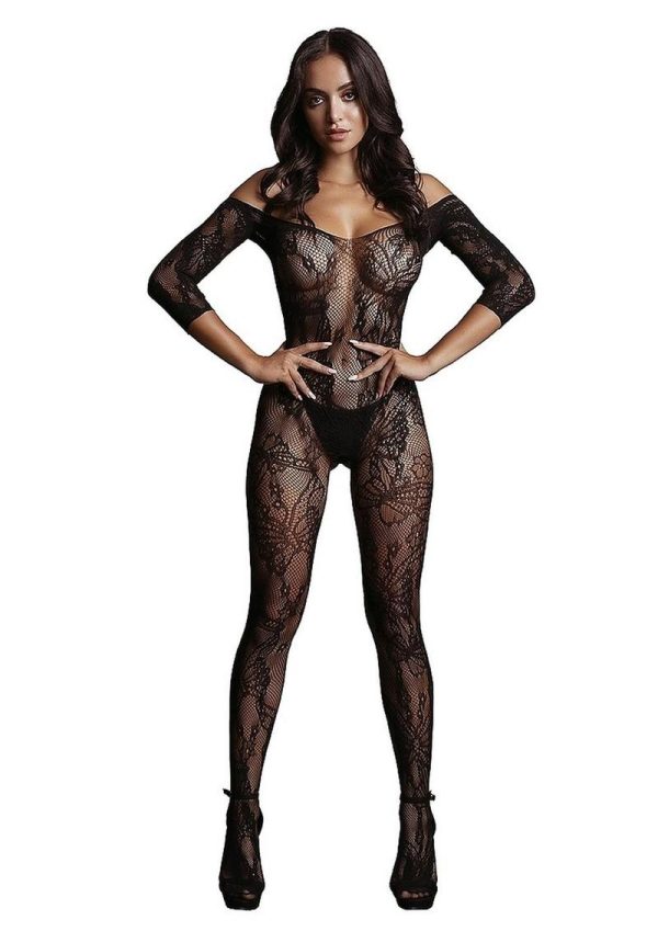 Le Desir Lace Sleeved Bodystocking - O/S - Black