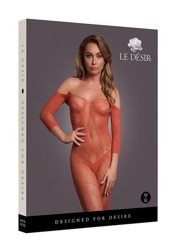 Le Desir Lace Long Sleeved Bodystocking - O/S - Sunset Glow Orange