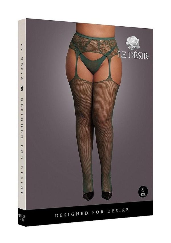 Le Desir Fishnet and Lace Garterbelt Stocking - Queen - Green