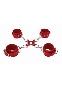 Ouch! Leather Hand and Leg Cuffs - Red