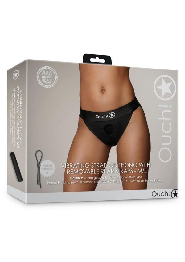 Ouch! Vibrating Strap-On Thong with Removable Butt Straps Rechargeable - M/L - Black